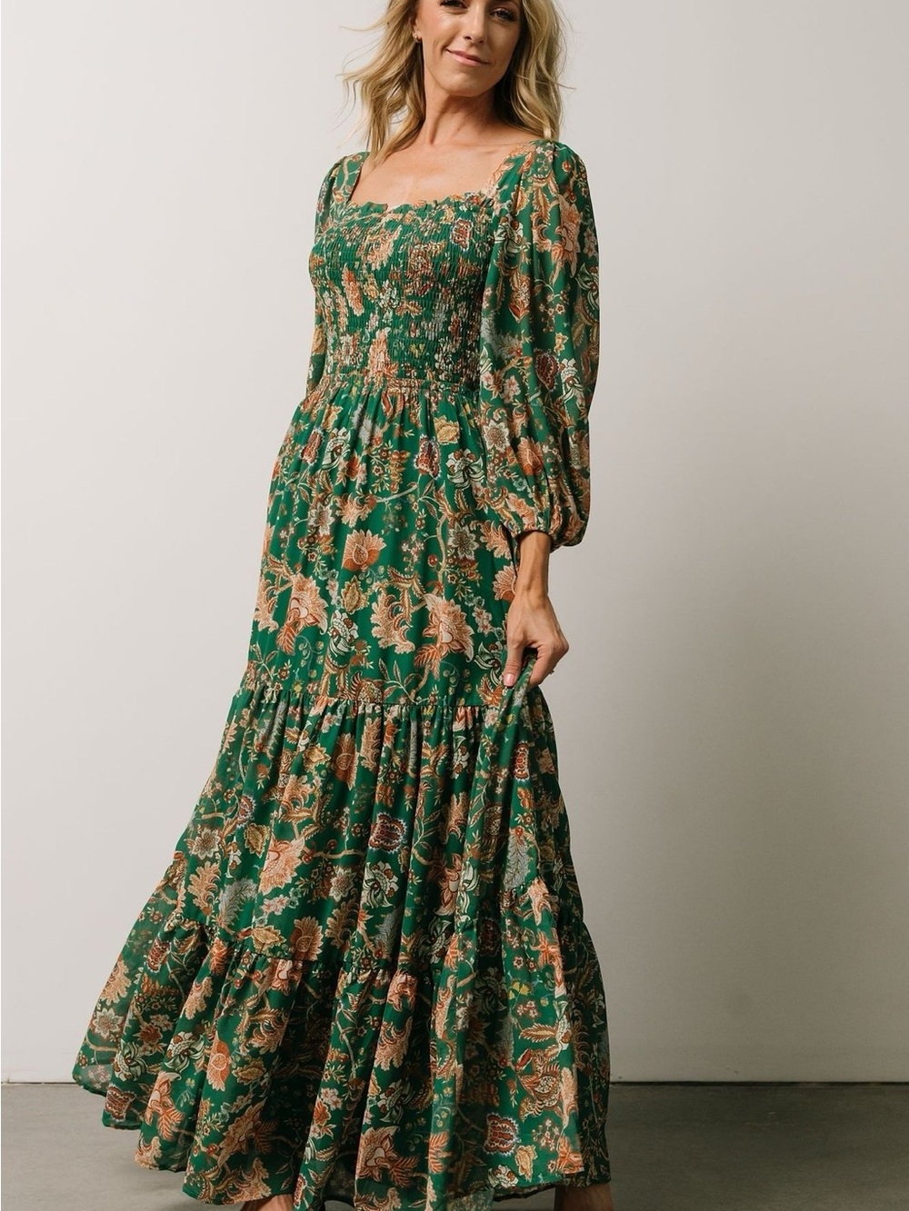 Baltic Born Green Floral Smocked Maxi Dress with Puff Sleeves